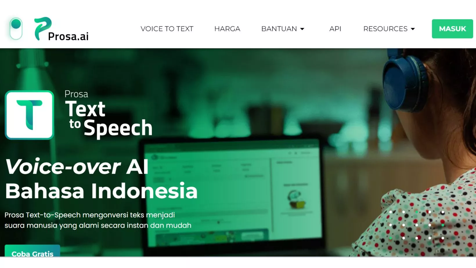 Prosa Text to speech Homepage, Sound of Text Indonesia (source prosa.ai)