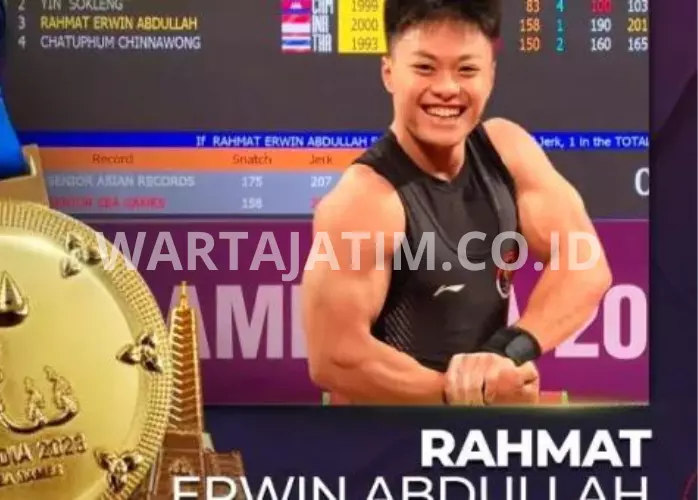 Lifter Indonesia Rahmat Erwin Abdullah Meraih Emas dan Pecahkan 2 Rekor SEA Games 2023.