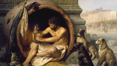 Lukisan karya Jean-Leon Gerome (1860) | Diogenes tinggal di dalam drum dan ditemani banyak anjing