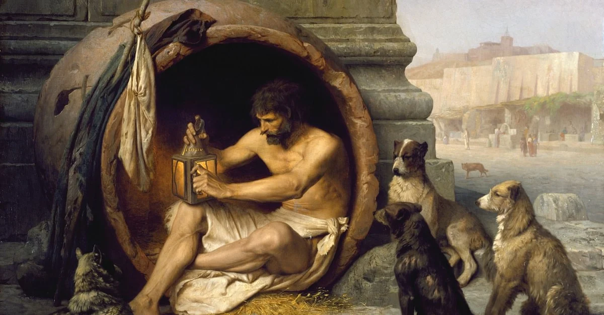 Lukisan karya Jean-Leon Gerome (1860) | Diogenes tinggal di dalam drum dan ditemani banyak anjing