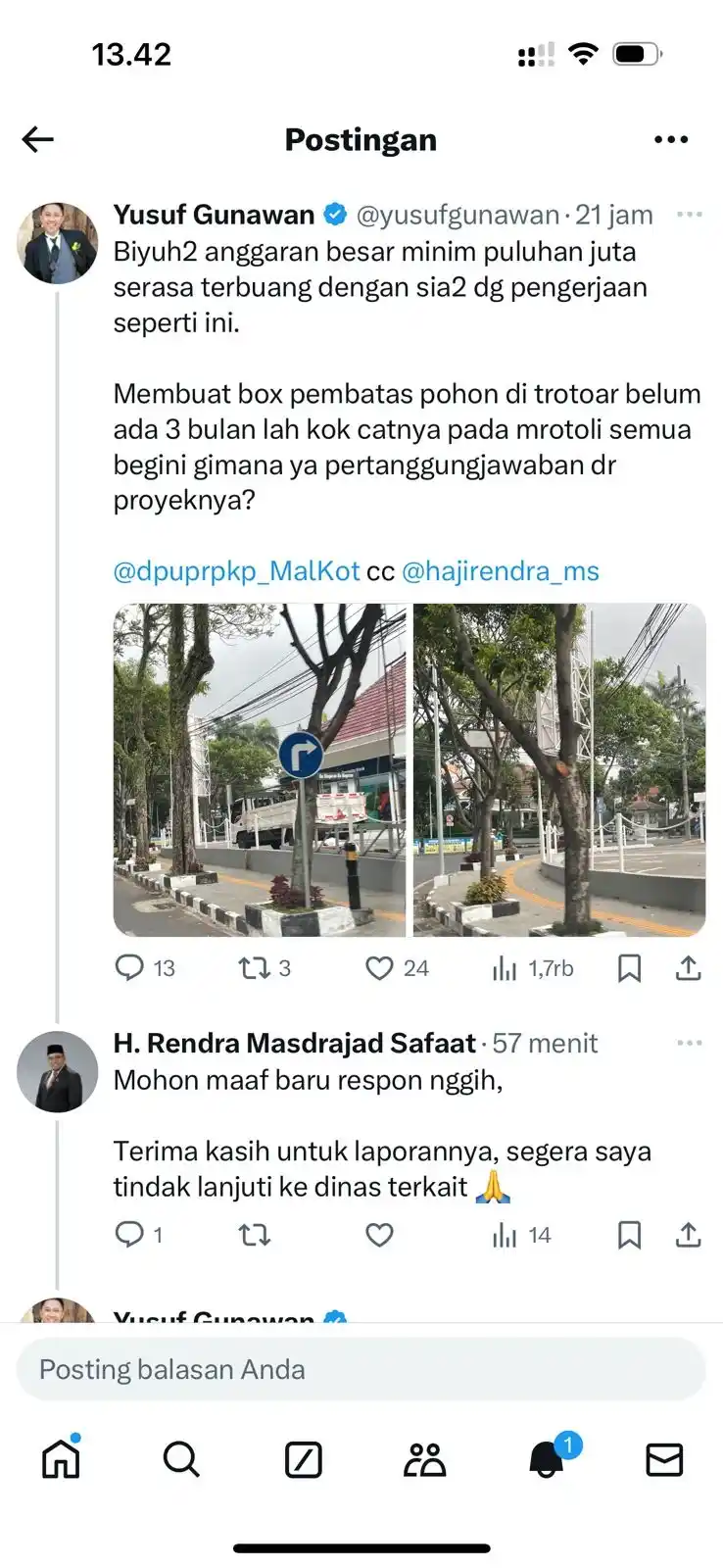 Bukti screenshot laporan warga pada salah satu platform media sosial