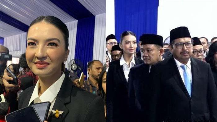 Raline Shah saat dilantik sebagai Staf Khusus Menteri Bidang Kemitraan Global dan Edukasi Digital di Kementerian Komdigi, Jakarta.