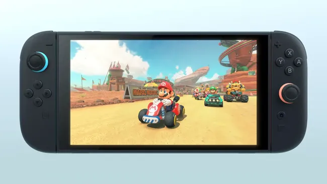 Gambar ilustrasi Nintendo Switch 2 dengan desain modern dan fitur baru, termasuk layar 8 inci dan Joy-Con magnetik.